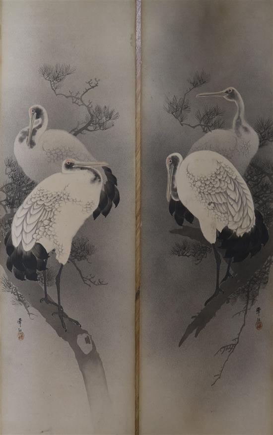 Japanese School, pair of prints, cranes on pine branches 60 x 18cm unframed